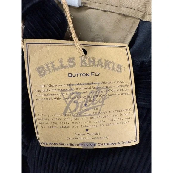 Bills Khakis Corduroy Button Fly Pants Fits Men's 32 Tagged (34) Unhemmed NWT